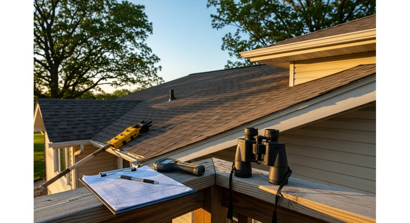 Inspector examining roof condition from ladder