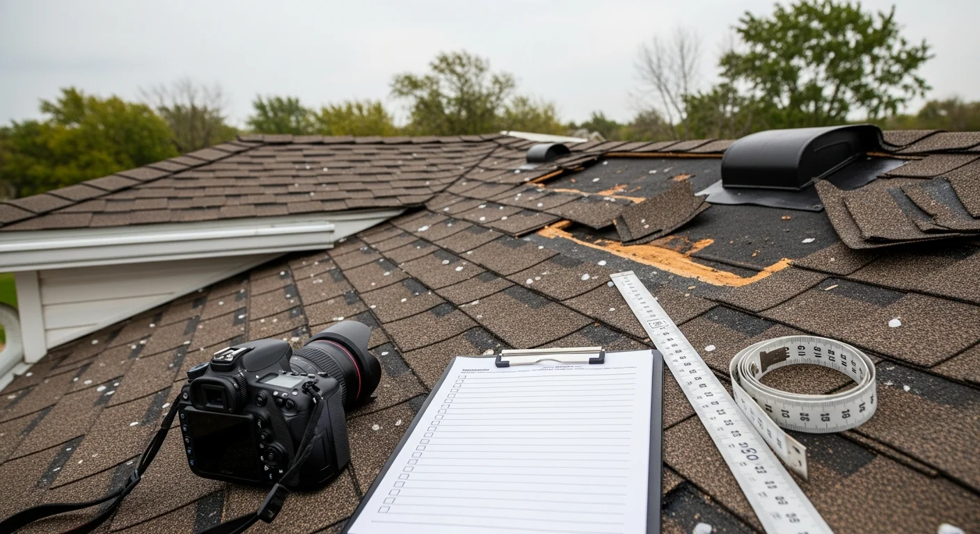 A Just Roof It inspector on a Mason City, Iowa residential roof photographing hail impact damage and flashing separation for an insurance claim documentation report. Close-up view shows dented soft metal vents and displaced shingles consistent with Cerro Gordo County storm damage.