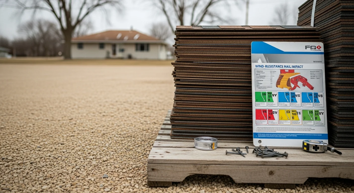 Bundles of roofing shingles stacked and ready for pickup at Just Roof It's Mason City, Iowa supply location. A contractor loads shingle materials onto a truck for a residential roof replacement project in Cerro Gordo County.