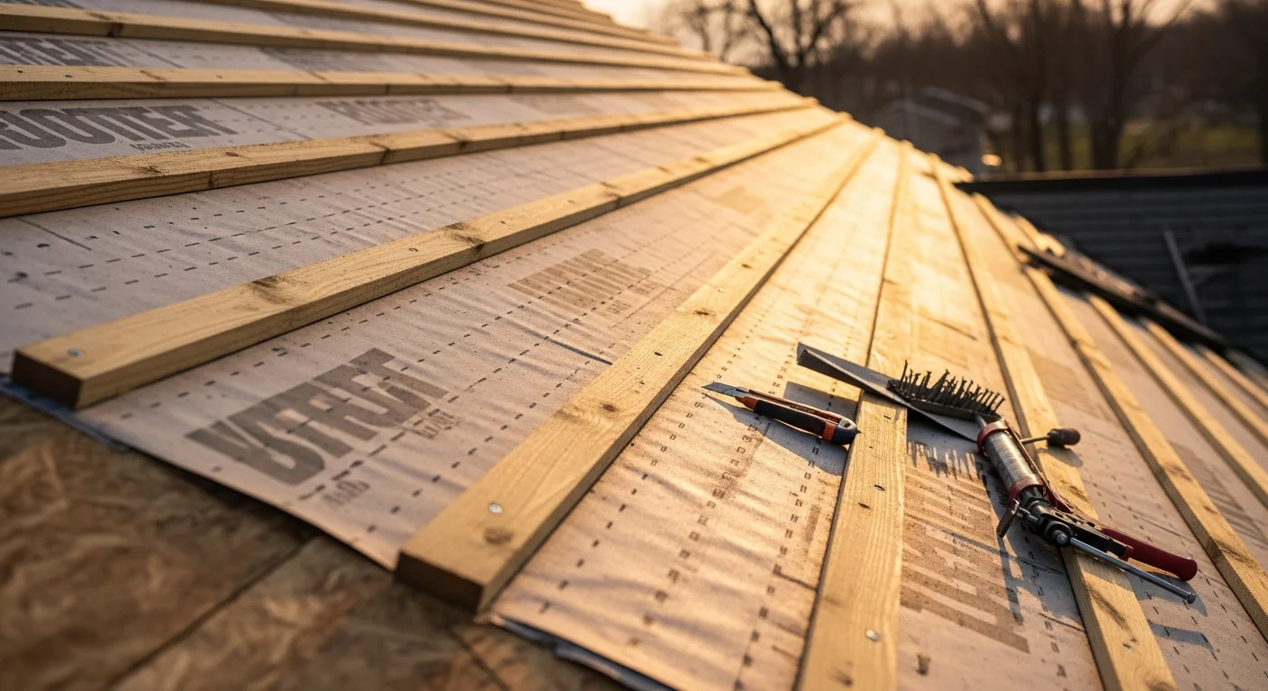A Mason City, Iowa home with fresh underlayment fully installed across the roof deck, showing clean horizontal courses running from eave to ridge before shingles are applied. The roof deck is clear of debris with visible overlapping layers secured at the edges.